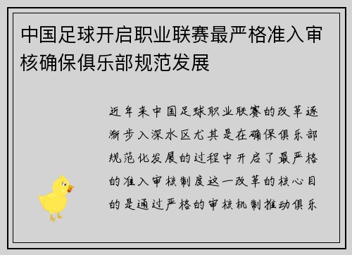 中国足球开启职业联赛最严格准入审核确保俱乐部规范发展